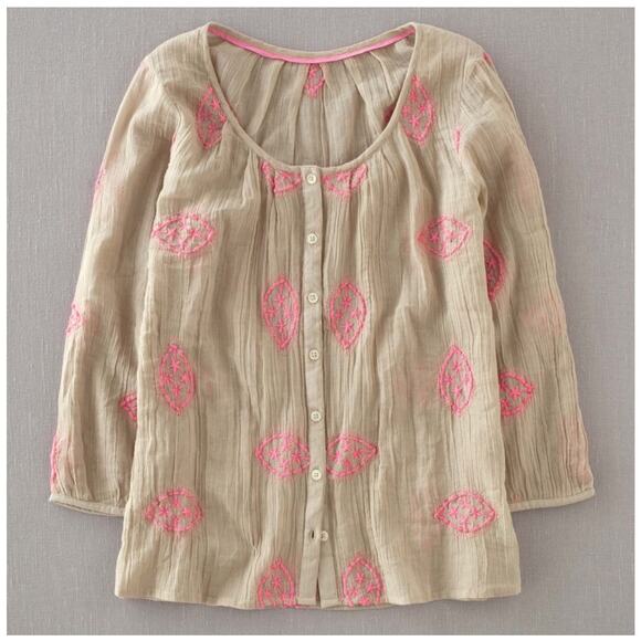 Boden Embroidered Semi Sheer Long Sleeve  Botton Down Top Tan Pink Sz US 14 L - Picture 1 of 10
